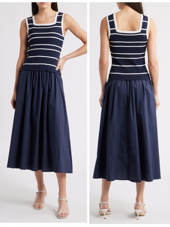 Zoe And Claire Dresses & Skirts - Zoe and Claire Mixed Media Sleeveless Midi Dress in Navy Blue and White